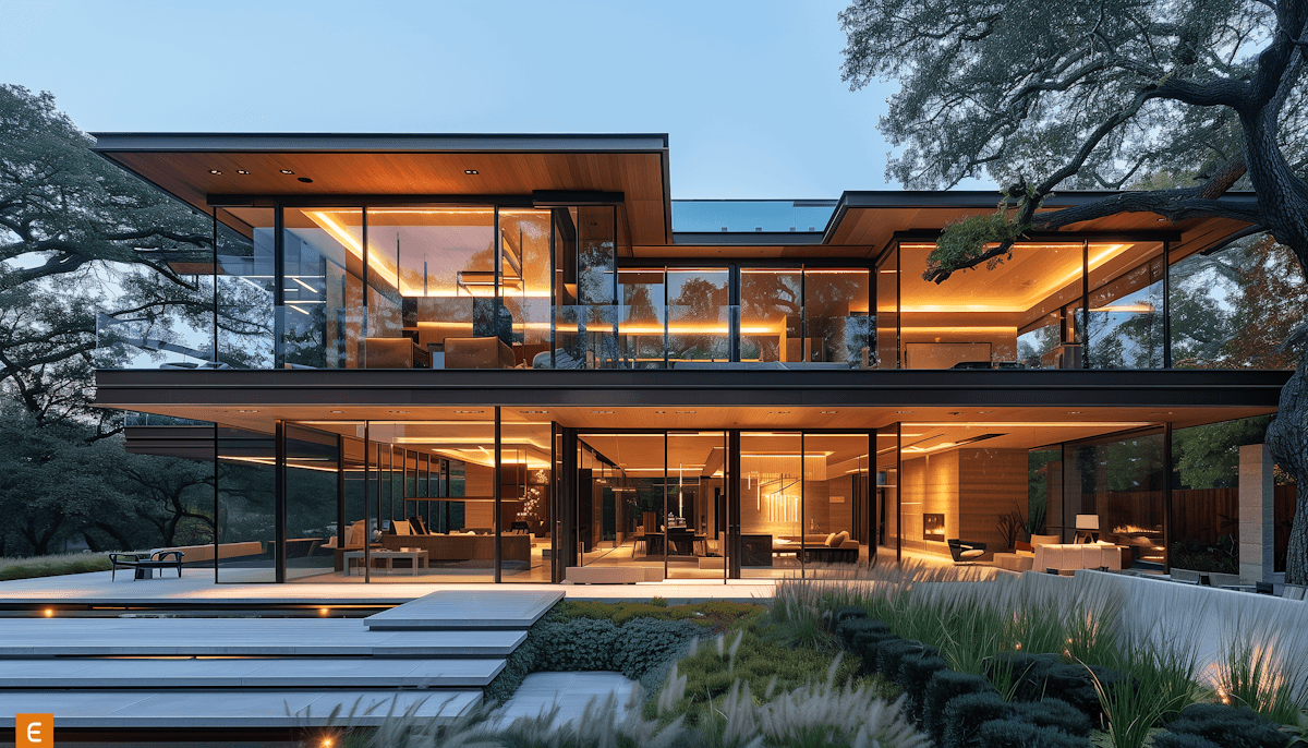 Contemporary glass residence illuminated at dusk